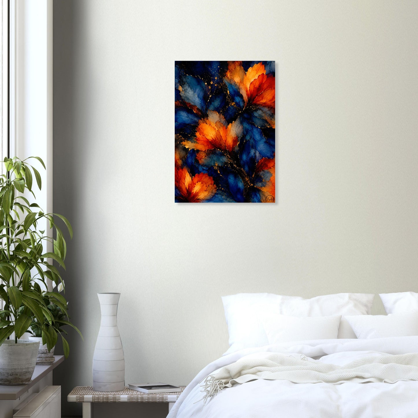Abstract canvas wall art featuring vibrant orange and blue brushstrokes, displayed in a bedroom setting above a bed with white bedding and next to a potted plant.