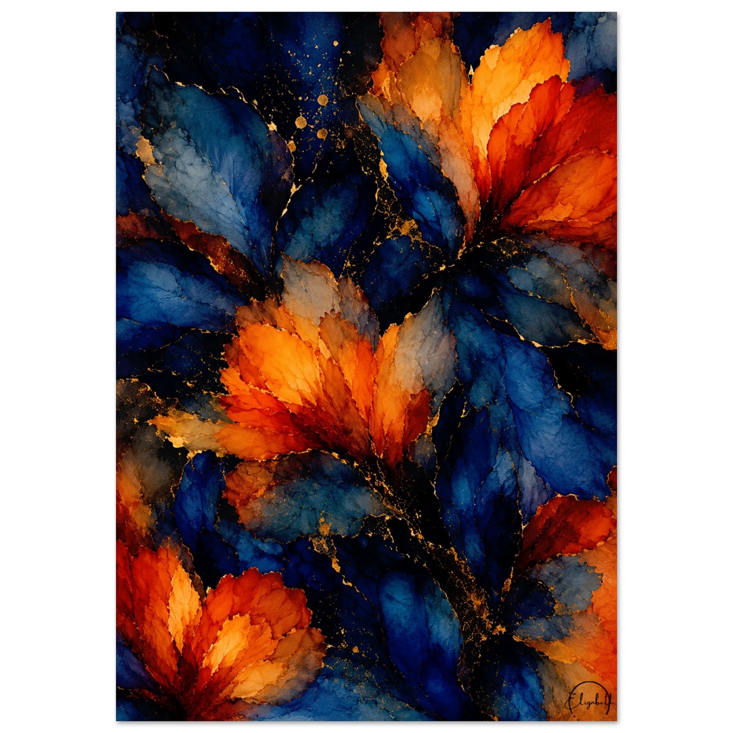 Abstract floral artwork featuring bold watercolor-like leaves in deep blue, orange, and red with metallic gold veining, presented on a white background.