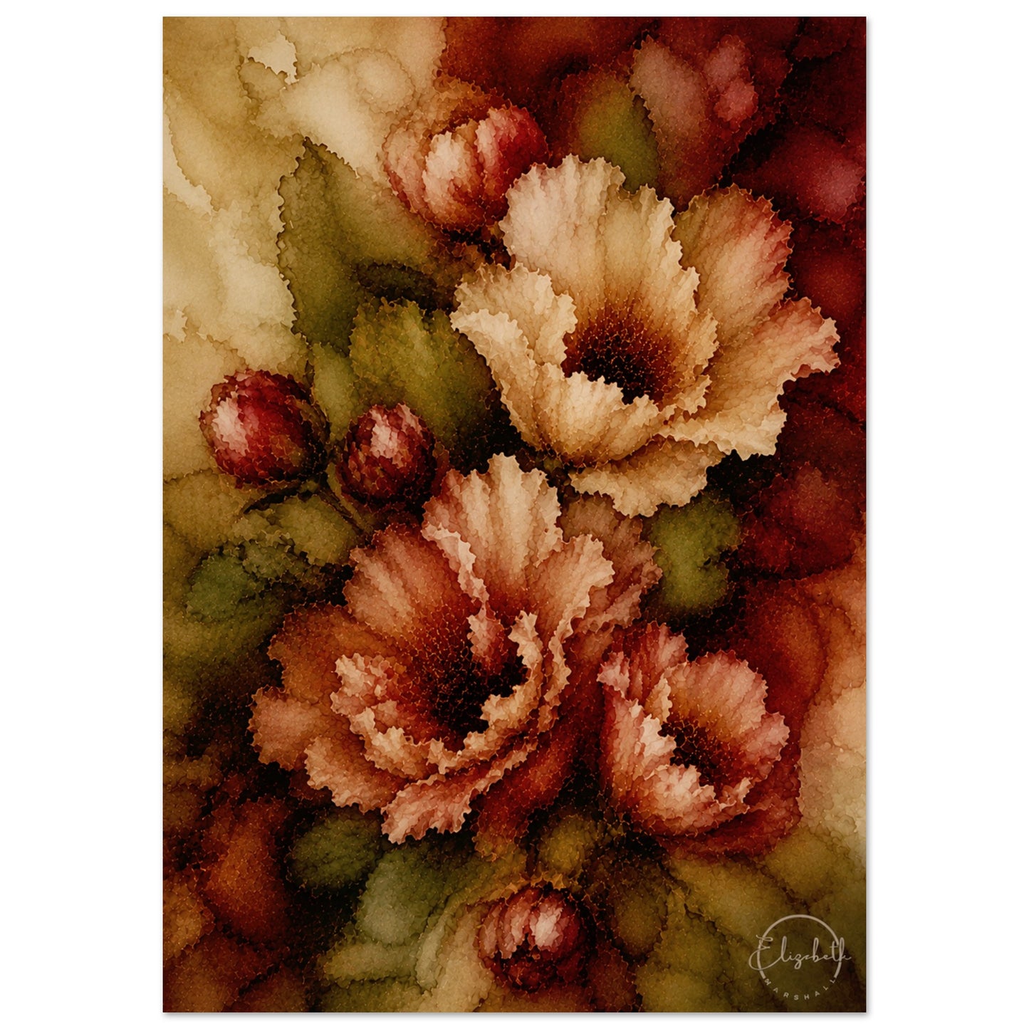 A vertical watercolor-style floral art print featuring large ruffled flowers in warm beige, blush, and rust tones with green and brown leaves on a white page background.