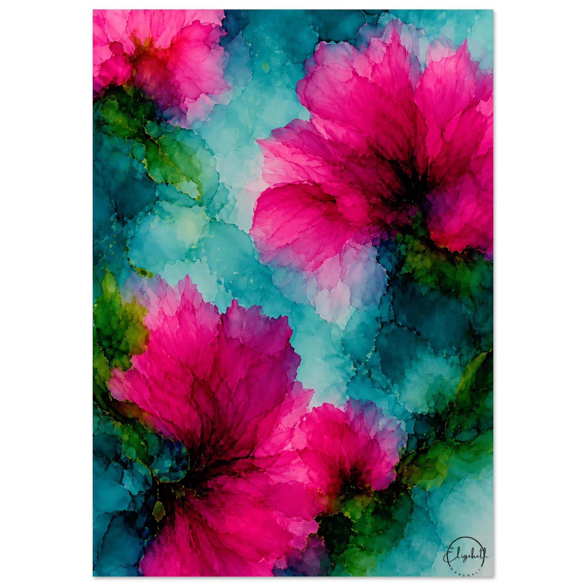 A vertical watercolor-style floral art print featuring large vivid pink flowers with teal, blue, green, and dark maroon watercolor washes. The artwork fills most of the frame, with a narrow white margin around it.