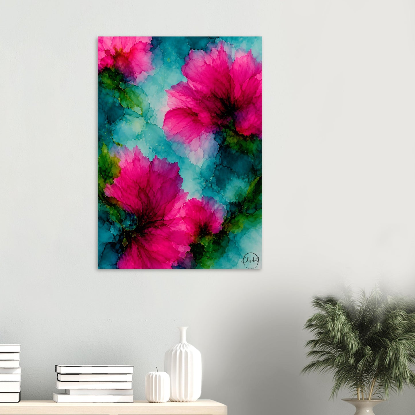 Moody floral giclee print — vivid hot pink blooms against bright aqua teal & forest green. Inspired by original alcohol ink artworks. 200gsm FSC paper.
