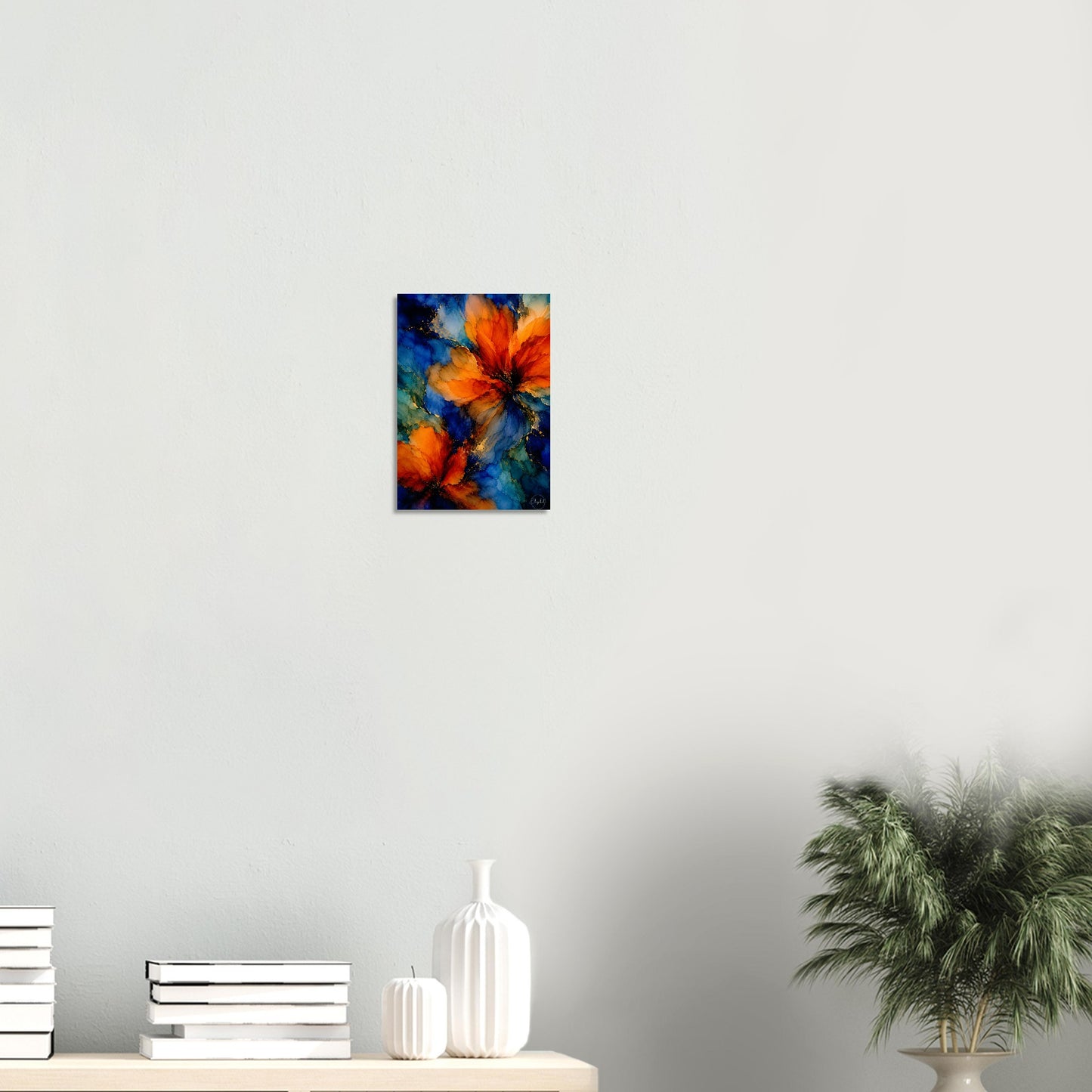Moody floral giclee print — vivid orange & amber blooms blazing against deep cobalt blue. Inspired by original alcohol ink artworks. 200gsm FSC paper.