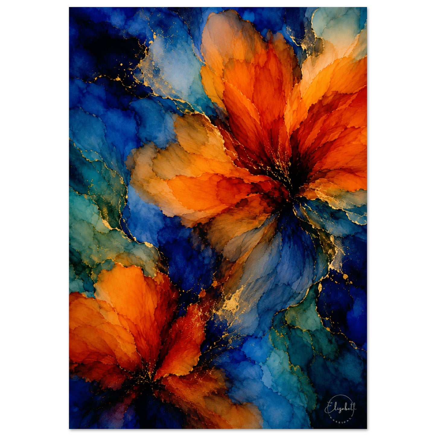 Abstract floral wall art print featuring large orange and red flower shapes with deep blue watercolor-like background washes and subtle gold marbling, shown against a white page background.