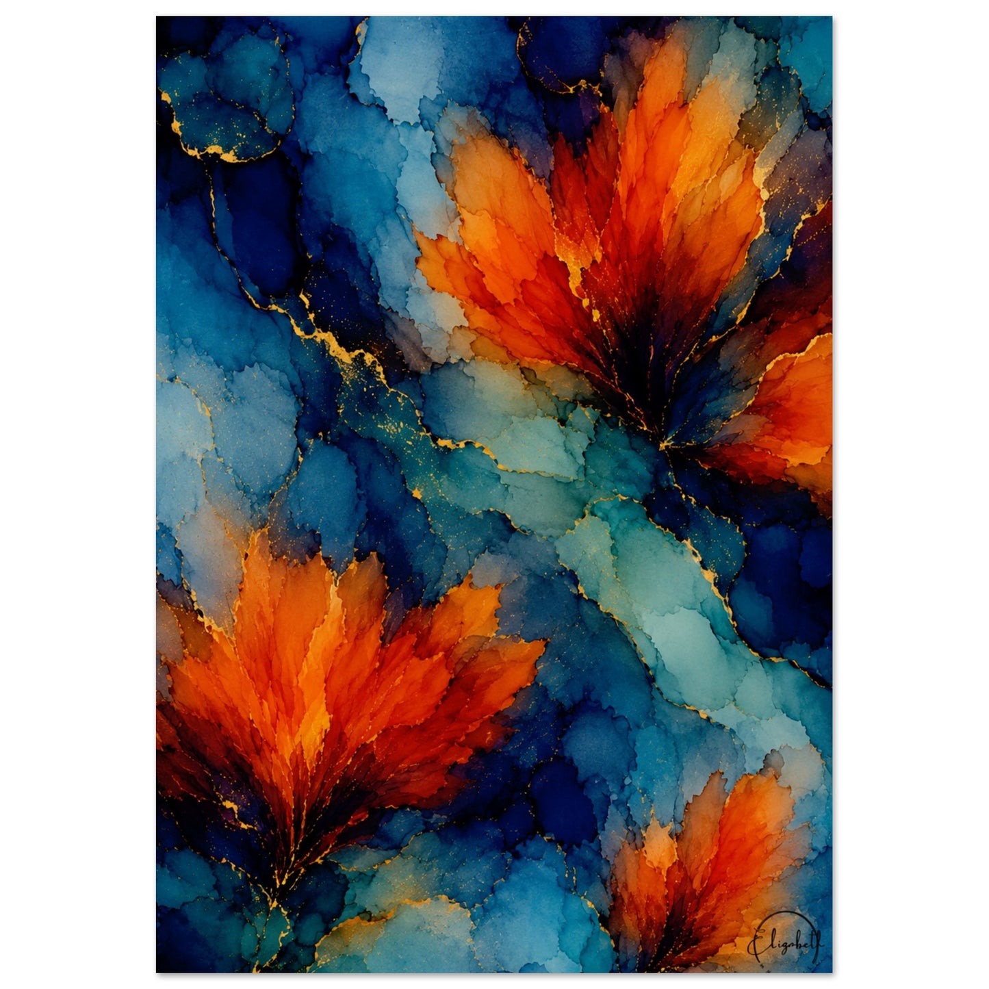 Abstract floral art print featuring vibrant orange and red watercolor blossoms on a textured blue and teal background with subtle gold veining, shown with a white border.
