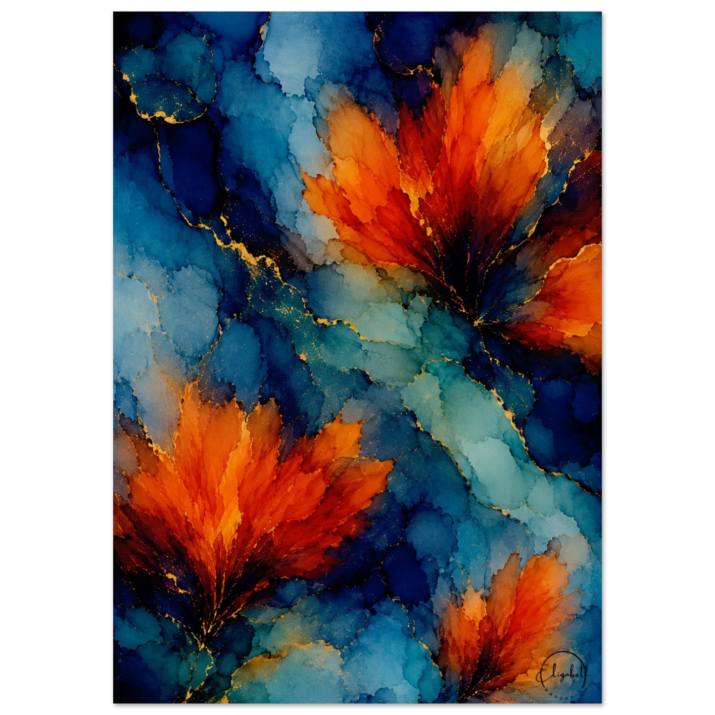 Moody floral giclee print, vivid orange blooms with gold veining against midnight blue & teal. Inspired by original alcohol ink artworks. 200gsm FSC