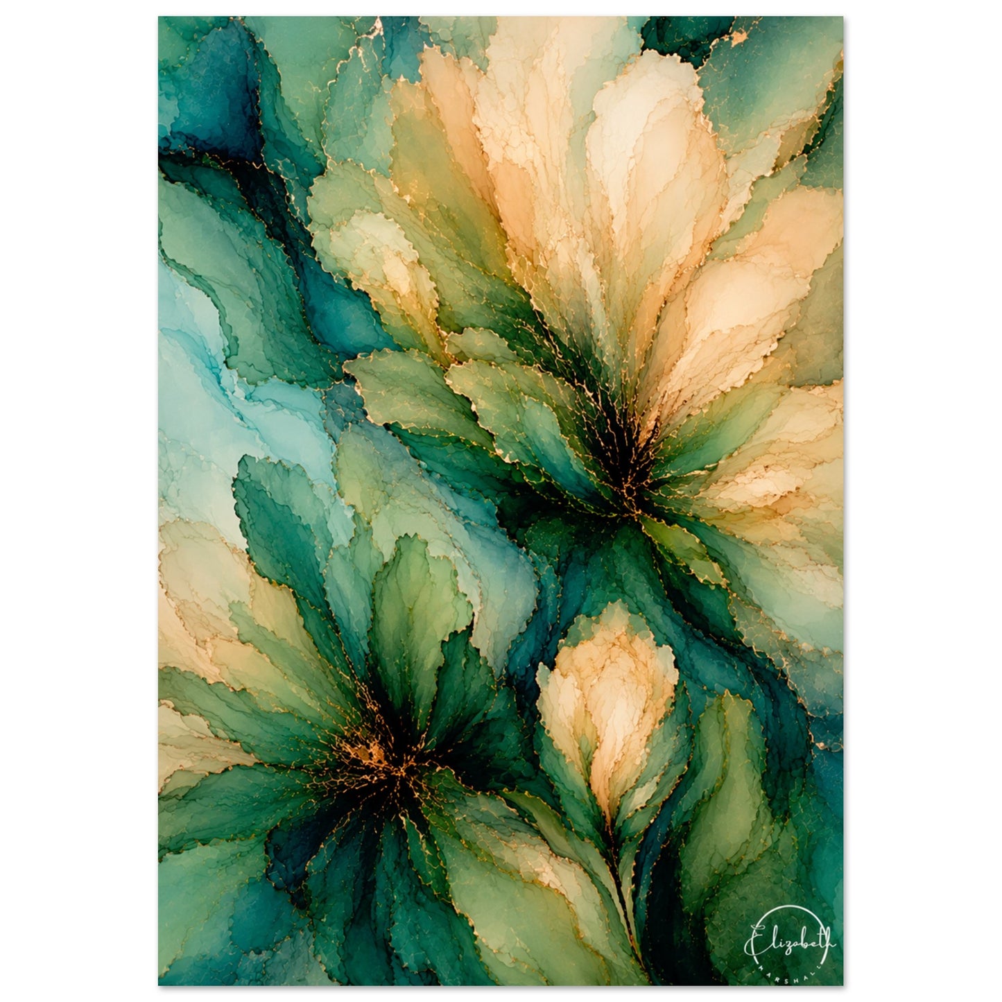 Moody floral giclee print, warm cream and teal blooms with gold veining against rich forest green. Inspired by original alcohol ink artworks. 200gsm FSC paper.
