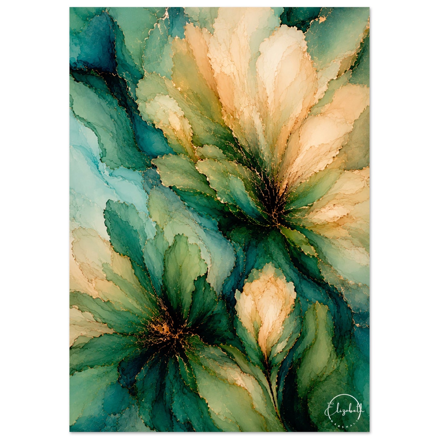 Abstract floral art print featuring layered watercolor-style flowers in deep teal, emerald green, soft sage, and warm cream tones, with metallic gold splatter accents and a circular signature in the lower right.