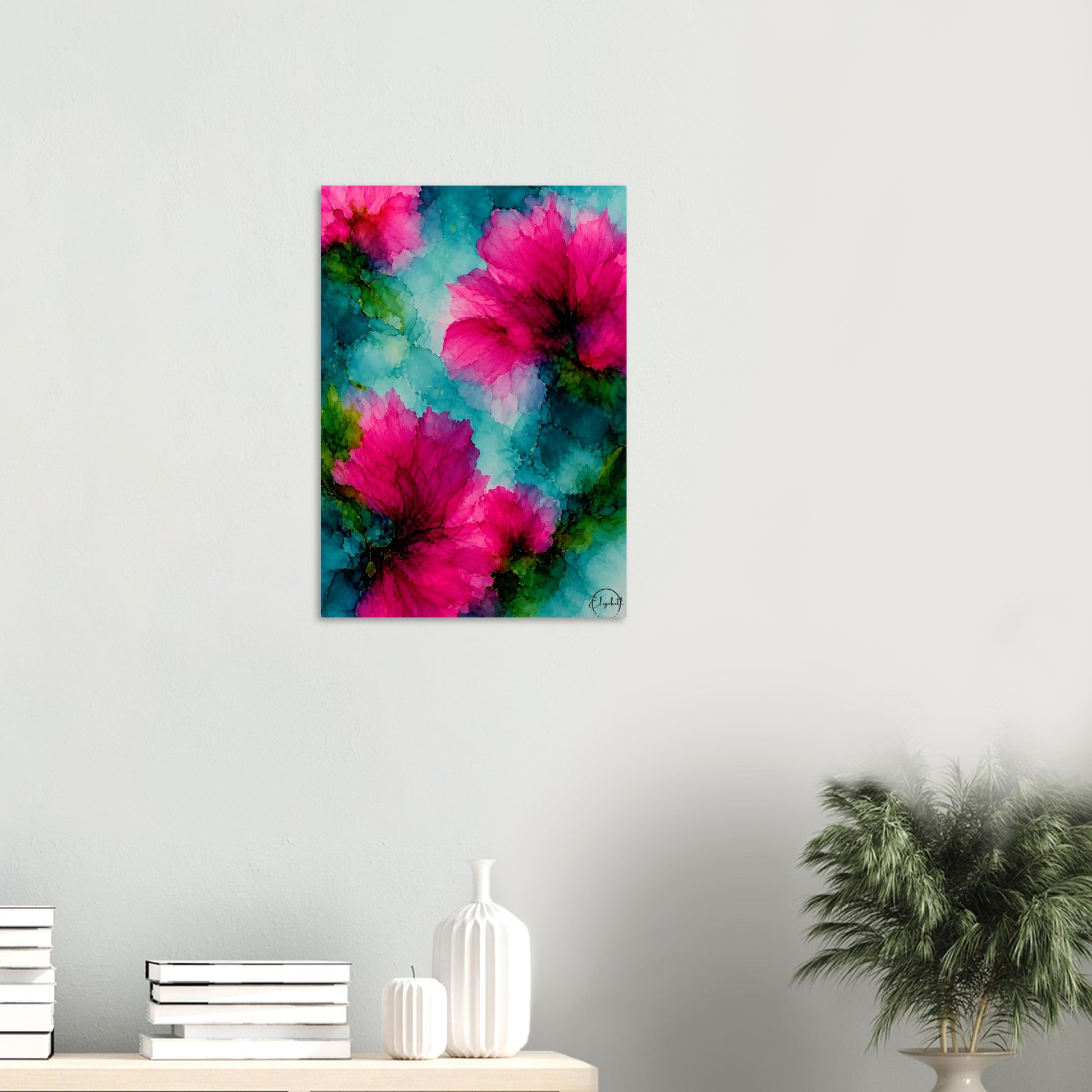 Moody floral giclee print — vivid hot pink blooms against bright aqua teal & forest green. Inspired by original alcohol ink artworks. 200gsm FSC paper.