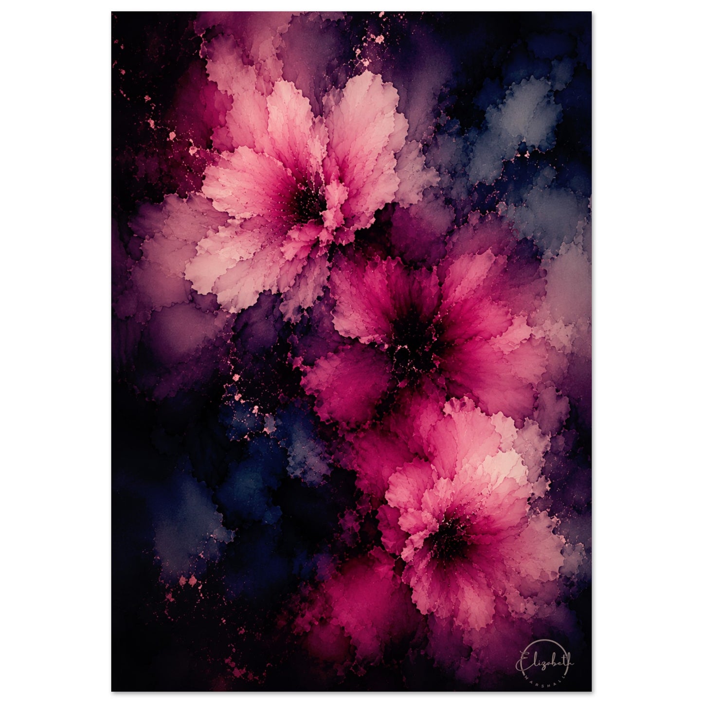This is what happens when colour goes deep and stays there. Love Deepens is a moody floral giclee print with rich mulberry and dusty rose blooms rising through midnight blue, deep indigo, and soft charcoal, the petals velvety and luminous against the dark, layered depths beneath. It has the intimacy of a painting you want to get close to and the presence of a piece that changes the feeling of a room the moment it goes on the wall.