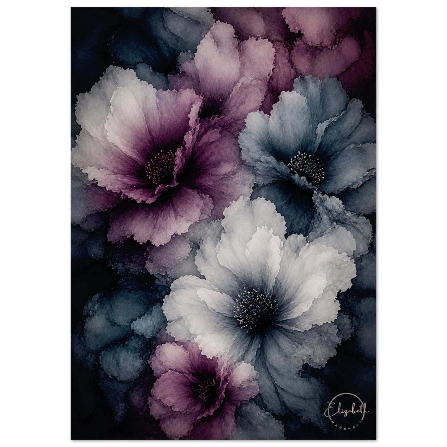 A vertical floral art print featuring large watercolor-style flowers in shades of purple, dusty blue, and white against a very dark background. A small artist signature is visible in the lower right corner.