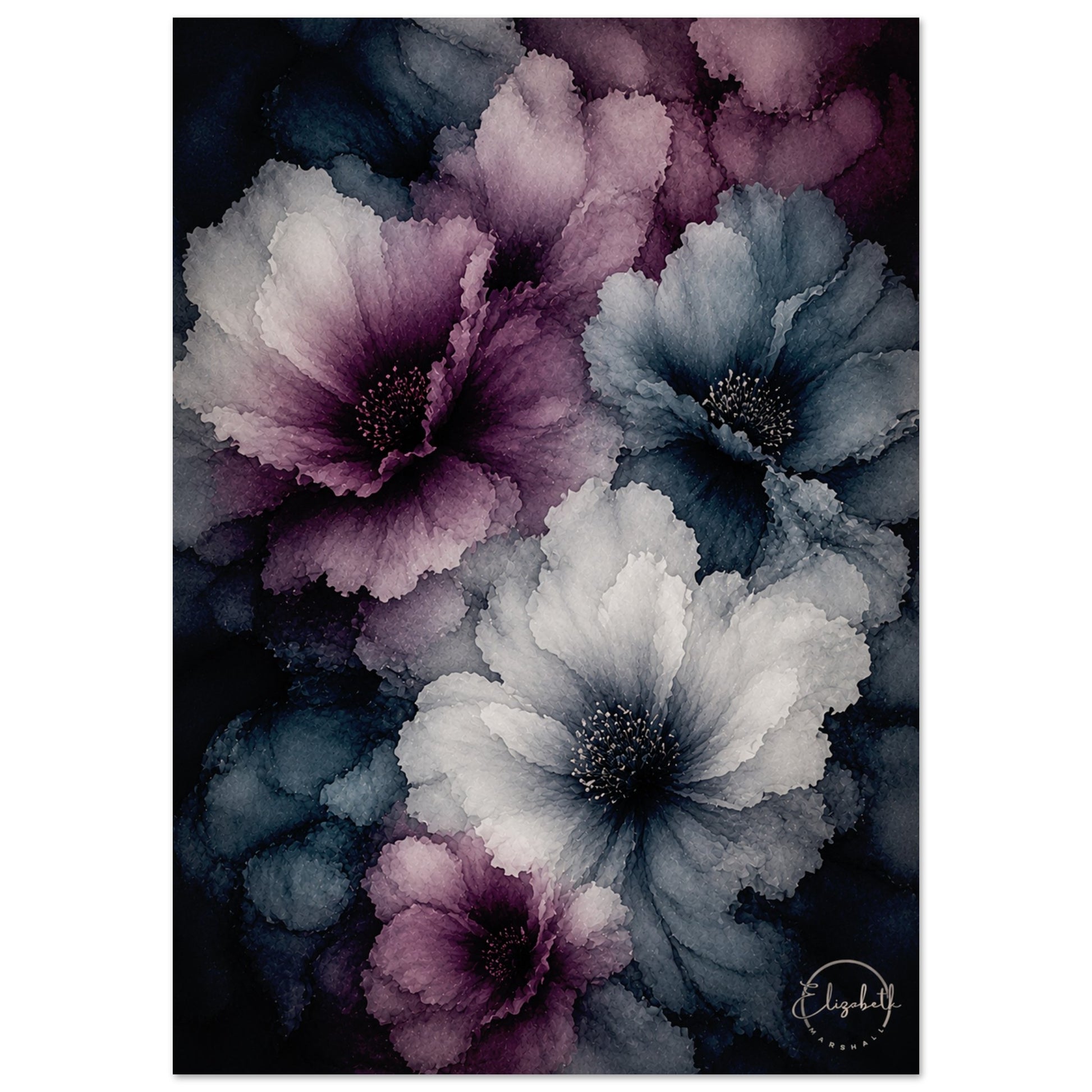 A vertical floral art print featuring large watercolor-style flowers in shades of purple, dusty blue, and white against a very dark background. A small artist signature is visible in the lower right corner.
