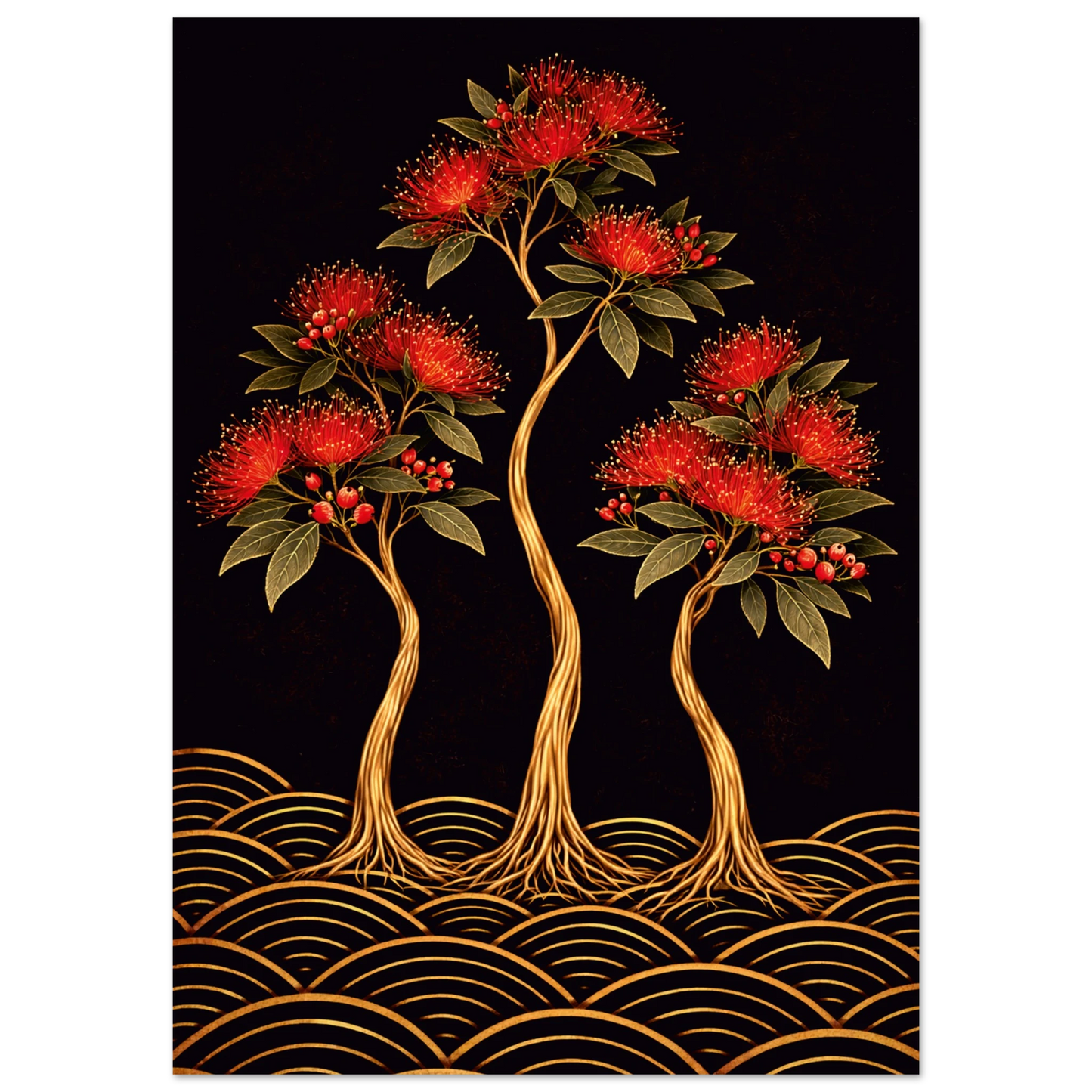 A vertical art print featuring three stylized red-flowering trees with green leaves and gold trunks on a black background, with gold wave-like patterns along the bottom. TBold NZ botanical giclee print — deep black, gold & crimson pōhutukawa. Inspired by original designs. 200gsm FSC paper. Ships worldwide.