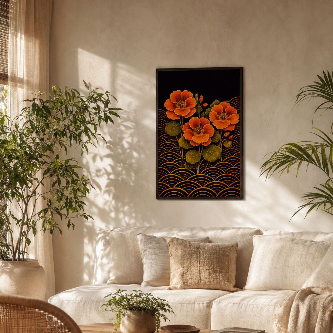 A framed vertical wall art print featuring three orange flowers over a black background with gold wave patterns, hanging on a beige wall above a white sofa in a sunlit living room.

Nasturtiums Bloom is a print for lovers of colour. Vivid burnt orange nasturtium blooms rise from a bed of gold seigaiha wave patterns, bold and luminous against a moody dark background- the kind of composition that brings instant warmth and energy to a room.
