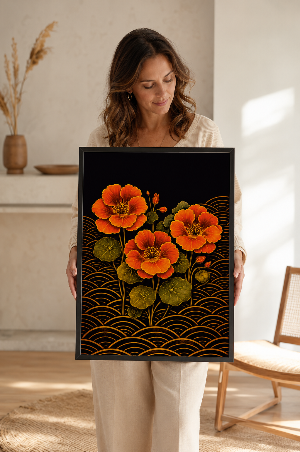 A woman in a cream-colored outfit holds a framed art print featuring three vibrant orange flowers with green leaves on a black background with gold wave patterns, set in a bright, modern room.