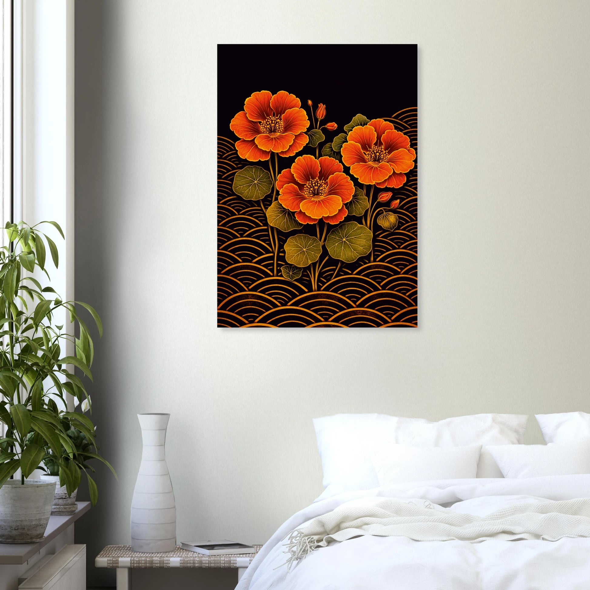 A vertical wall art print featuring three bright orange flowers with green leaves on a black background with gold wave patterns, displayed above a bed in a modern bedroom setting.