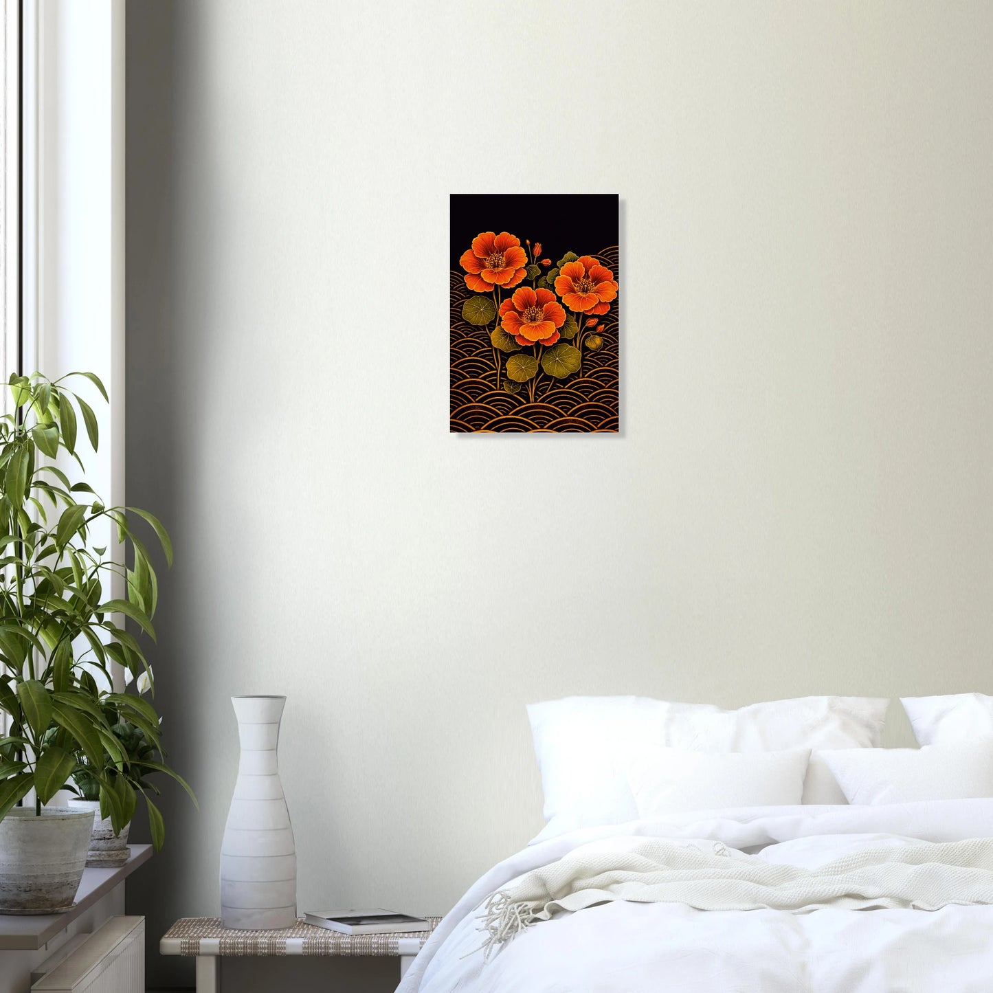 A vertical canvas art print featuring three vibrant orange flowers with green leaves on a black background and gold wave patterns, displayed on a light beige wall above a bed in a modern bedroom setting.