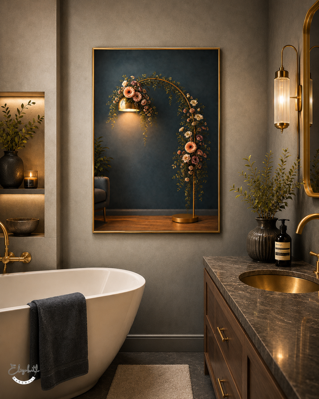 A framed wall art print depicting a floral arch against a dark teal background, styled in a luxurious bathroom setting with a freestanding bathtub, marble vanity, and gold fixtures.