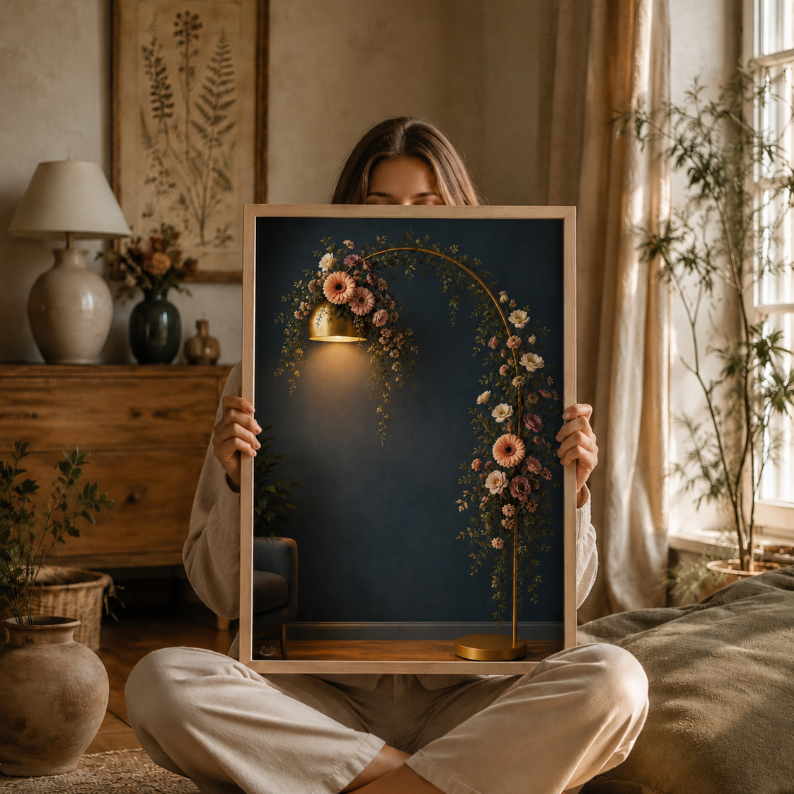 A woman sits cross-legged on a rug in a warm, sunlit room, holding up a framed art print. The print features a dark navy blue background with a golden arch, glowing lamps, and delicate pink and white flowers.