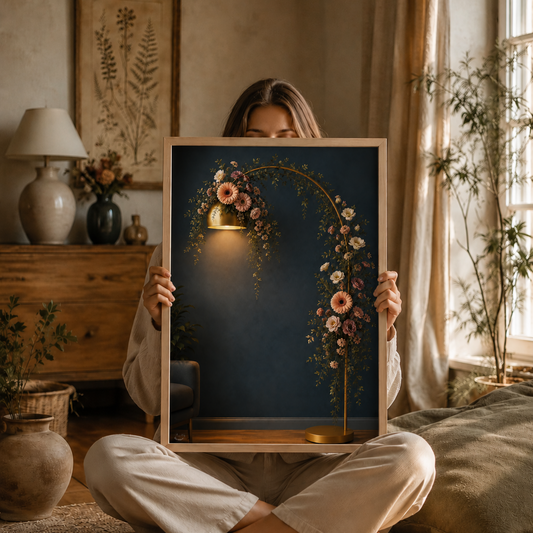 A woman sits cross-legged on a rug in a warm, sunlit room, holding up a framed art print. The print features a dark navy blue background with a golden arch, glowing lamps, and delicate pink and white flowers.