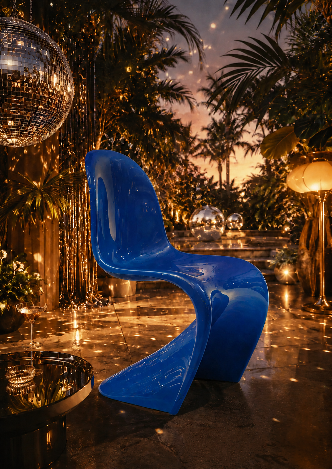 A glossy bright blue molded chair in a tropical outdoor patio setting decorated with a disco ball, string lights, palm trees, and warm ambient lighting.

Miami Nights Are Never Blue is a love letter to the hour when the city stops pretending to be subtle. A cobalt blue Panton-inspired chair commands the frame, its fluid S-curve glowing against a backdrop of warm amber light, swaying tropical palms, and the scattered glint of a disco ball. It is bold, cinematic, and completely unapologetic.
