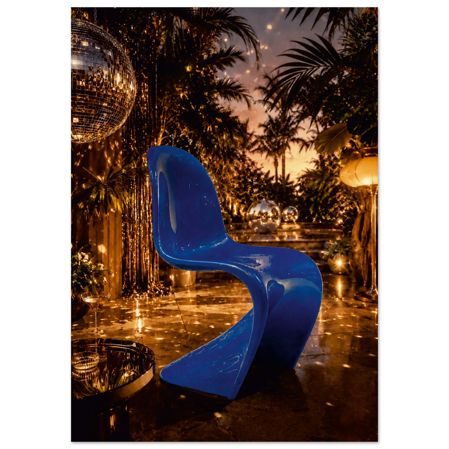 A glossy bright blue molded chair placed in an outdoor nighttime patio scene with palm trees, string lights, a disco ball, and warm ambient lighting.

Miami Nights Are Never Blue is a love letter to the hour when the city stops pretending to be subtle. A cobalt blue Panton-inspired chair commands the frame, its fluid S-curve glowing against a backdrop of warm amber light, swaying tropical palms, and the scattered glint of a disco ball. It is bold, cinematic, and completely unapologetic.