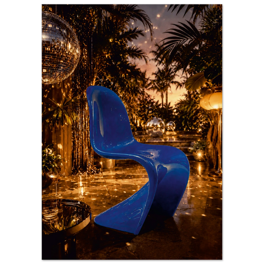 A glossy bright blue molded chair placed in an outdoor nighttime patio scene with palm trees, string lights, a disco ball, and warm ambient lighting.

Miami Nights Are Never Blue is a love letter to the hour when the city stops pretending to be subtle. A cobalt blue Panton-inspired chair commands the frame, its fluid S-curve glowing against a backdrop of warm amber light, swaying tropical palms, and the scattered glint of a disco ball. It is bold, cinematic, and completely unapologetic.