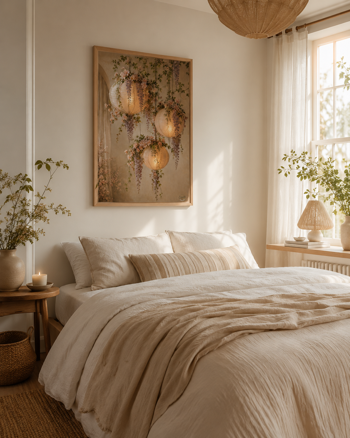 A beautifully styled bedroom featuring a large framed art print of hanging lanterns on the wall above a bed with neutral beige bedding. The room is decorated with a wicker pendant light, a wooden nightstand, and soft natural light from a window.