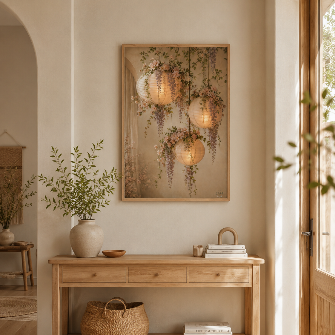 A framed art print depicting glowing hanging lanterns with wisteria vines, displayed on a cream wall above a light wood console table in a sunlit, rustic interior.