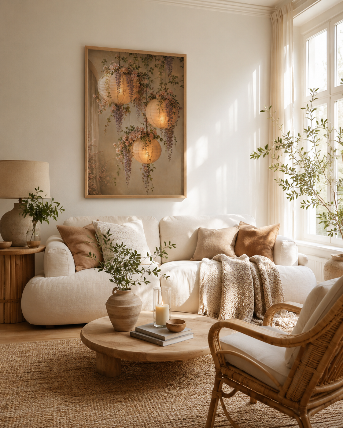 A beautifully styled living room featuring a large framed art print of hanging lanterns and wisteria on the wall above a cream-colored sofa. The room is decorated with a round wooden coffee table, a wicker armchair, a textured throw blanket, and potted plants, all bathed in warm natural sunlight.