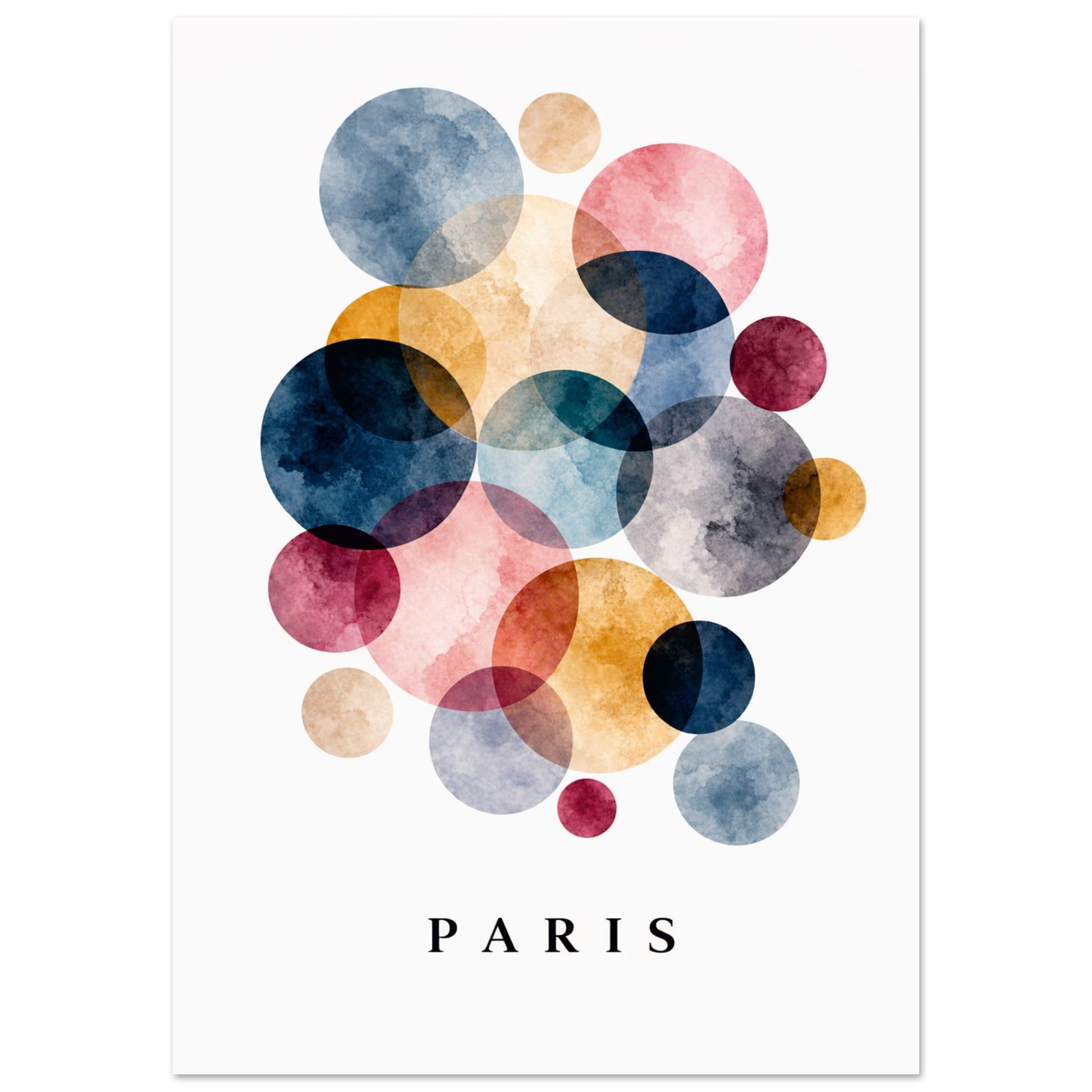 A minimalist art print featuring overlapping watercolor circles in shades of blue, pink, yellow, and red on a white background, with the word 'PARIS' printed in black serif letters at the bottom.