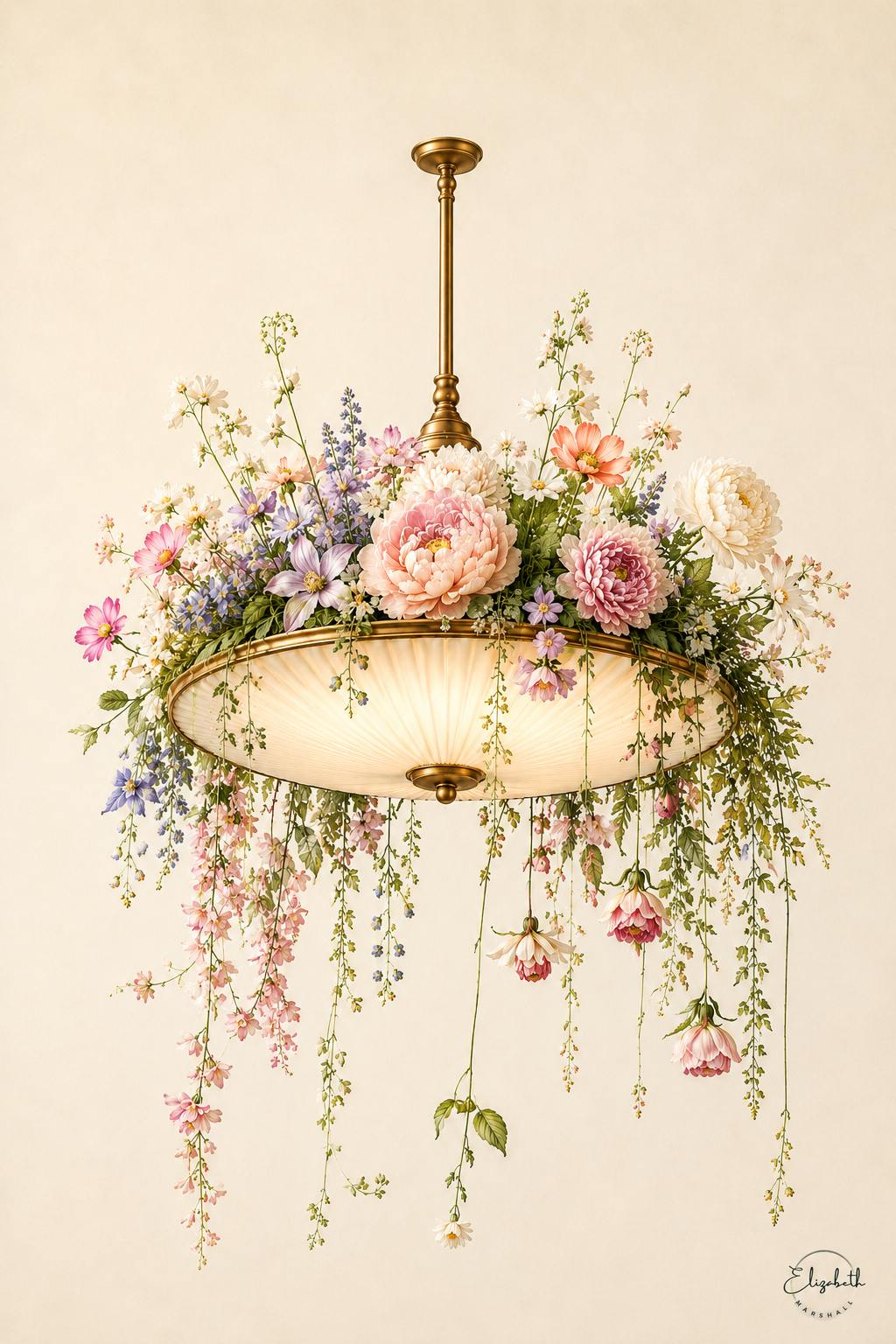 A decorative hanging chandelier with a warm brass-toned metal frame and a large bowl-shaped shade filled with pastel pink, peach, lavender, and white flowers, with trailing greenery and flowers hanging below against a soft cream background.