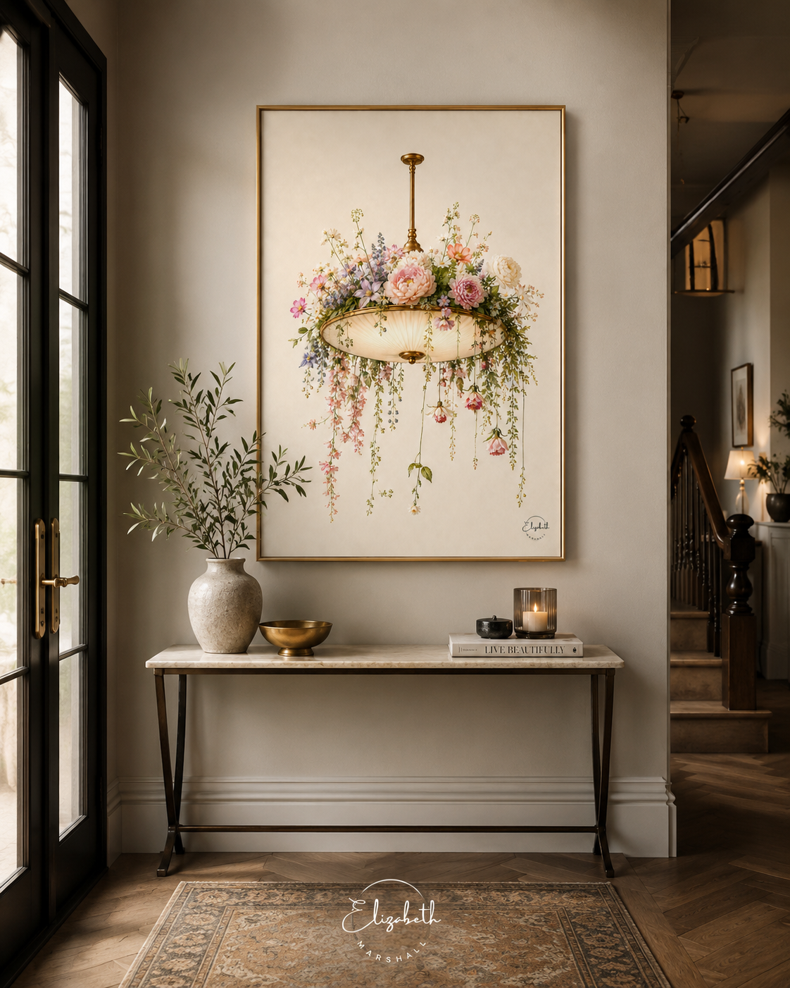 A framed art print depicting a vintage floral chandelier with pink and purple flowers and green foliage, hanging on a hallway wall 