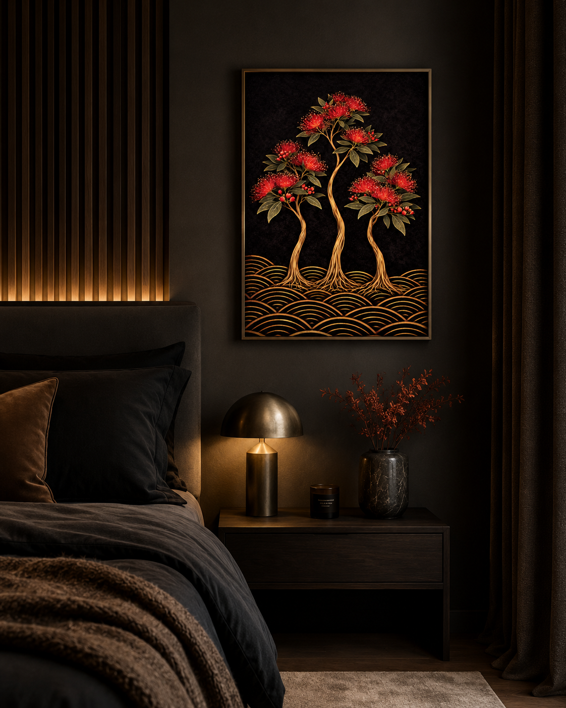 A framed wall art print depicting two red-flowered trees with gold roots over a wave pattern, displayed above a bed in a dark, modern bedroom.
