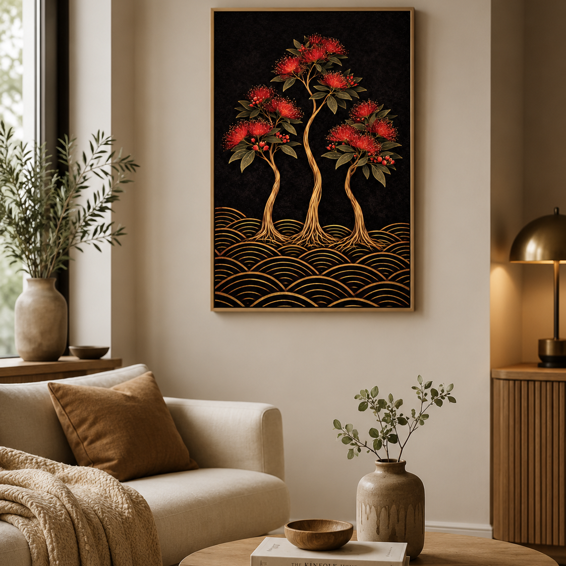 A framed wall art print featuring two red flowering trees with gold roots over a black background and gold wave patterns, displayed in a warm, modern living room setting.

Bold NZ botanical giclee print — deep black, gold & crimson pōhutukawa. Inspired by original designs. 200gsm FSC paper. Ships worldwide.