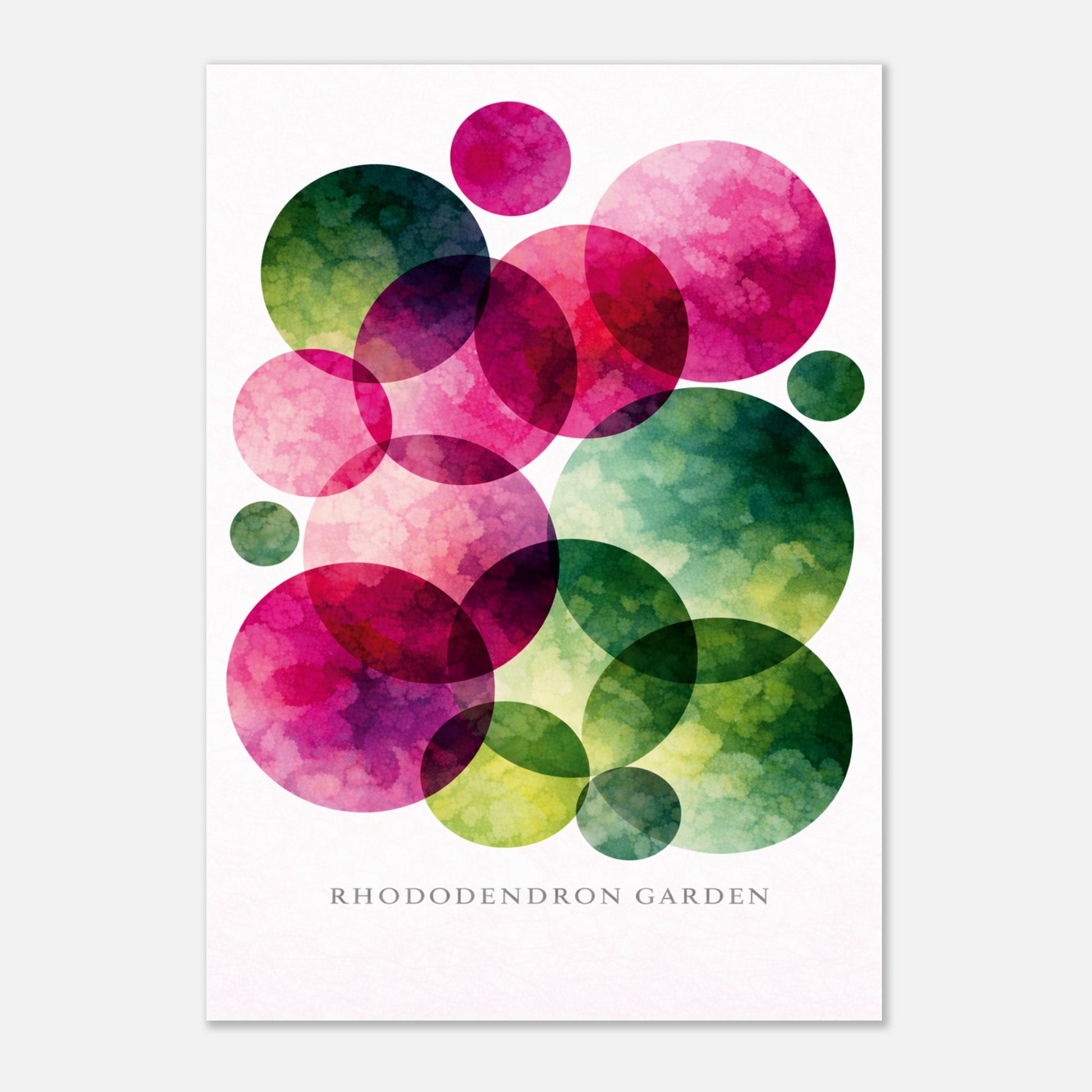 A vertical art print featuring overlapping watercolor circles in shades of pink, magenta, and green on a white background, with the text 'RHODODENDRON GARDEN' printed at the bottom.