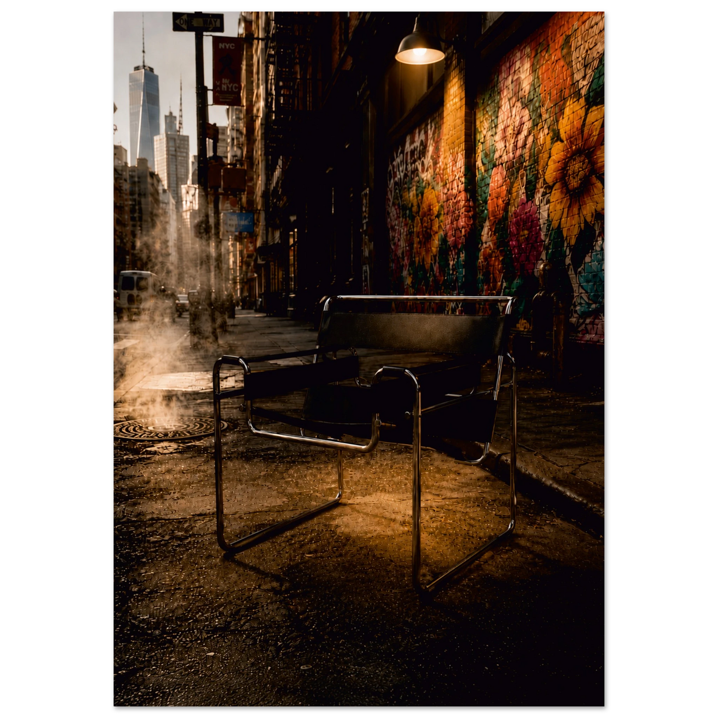 A modern metal-framed lounge chair with a dark seat, placed on a city street beside a brightly lit mural wall with large floral artwork. Steam or mist rises from the pavement nearby, and city buildings are visible in the background.