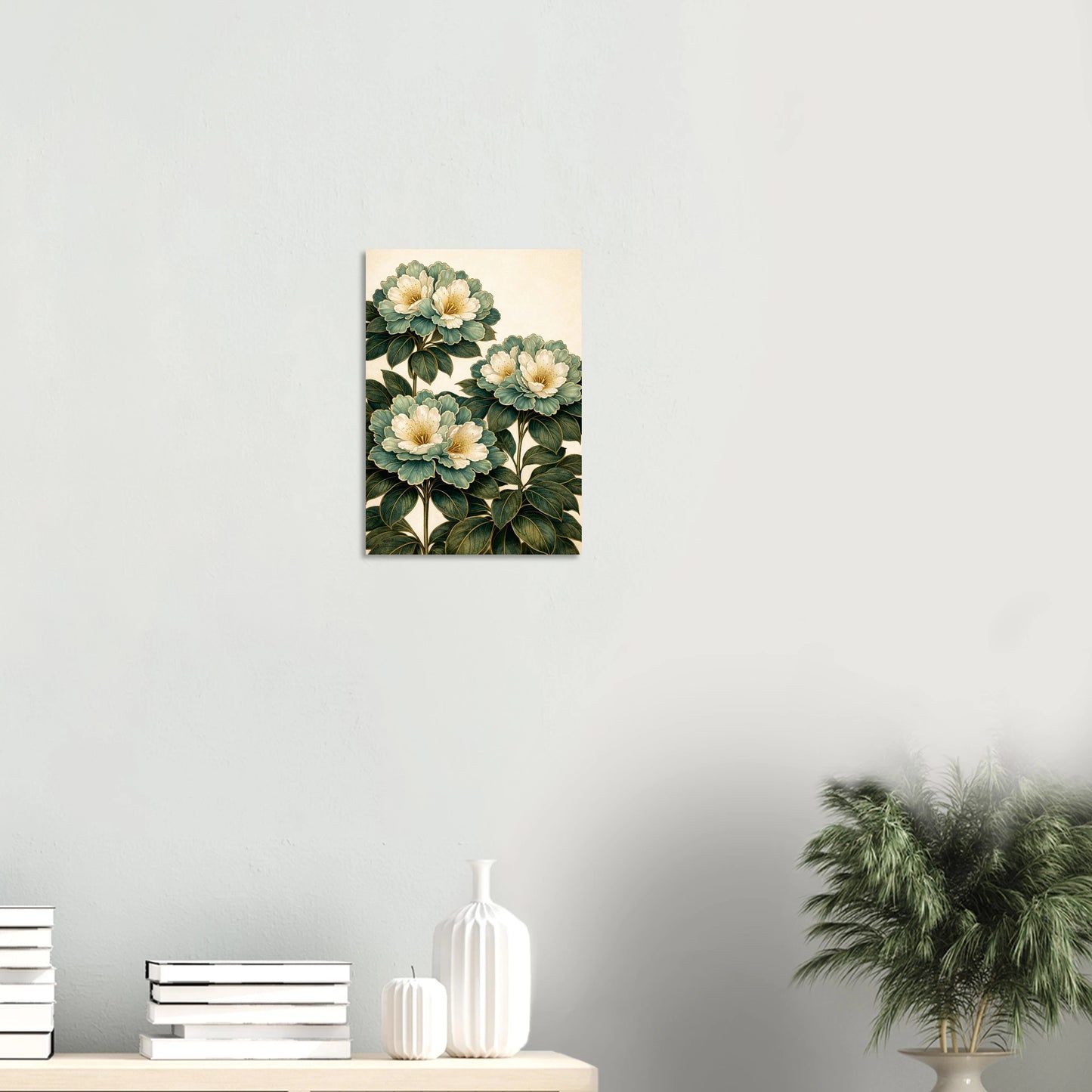 Rhododendron Dell is a print that stops you in a hallway. Cream and pale blue rhododendron blooms cluster in lush abundance against a dark background, their petals catching the light with a quiet shimmer, rich, dramatic and completely captivating.
