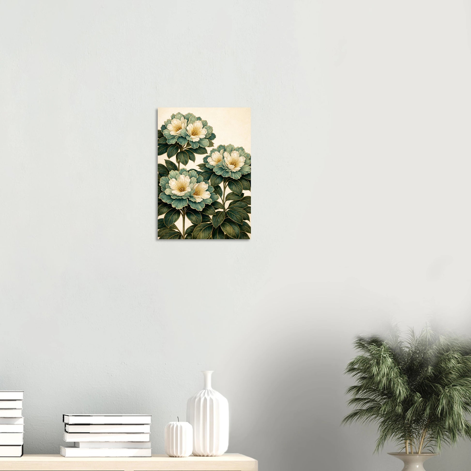 Rhododendron Dell is a print that stops you in a hallway. Cream and pale blue rhododendron blooms cluster in lush abundance against a dark background, their petals catching the light with a quiet shimmer, rich, dramatic and completely captivating.