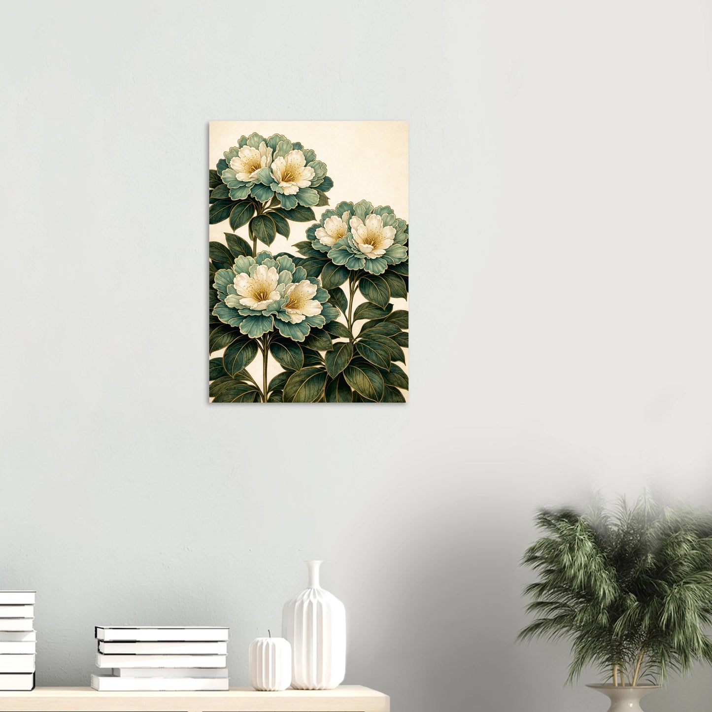 Rhododendron Dell is a print that stops you in a hallway. Cream and pale blue rhododendron blooms cluster in lush abundance against a dark background, their petals catching the light with a quiet shimmer, rich, dramatic and completely captivating.