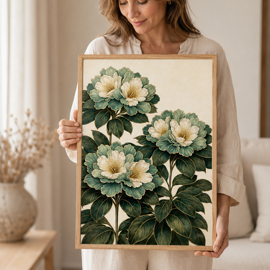 A woman in a beige outfit holds a framed botanical art print featuring large white flowers with green leaves on a cream background, set in a softly lit living room.

Rhododendron Dell is a print that stops you in a hallway. Cream and pale blue rhododendron blooms cluster in lush abundance against a dark background, their petals catching the light with a quiet shimmer, rich, dramatic and completely captivating.