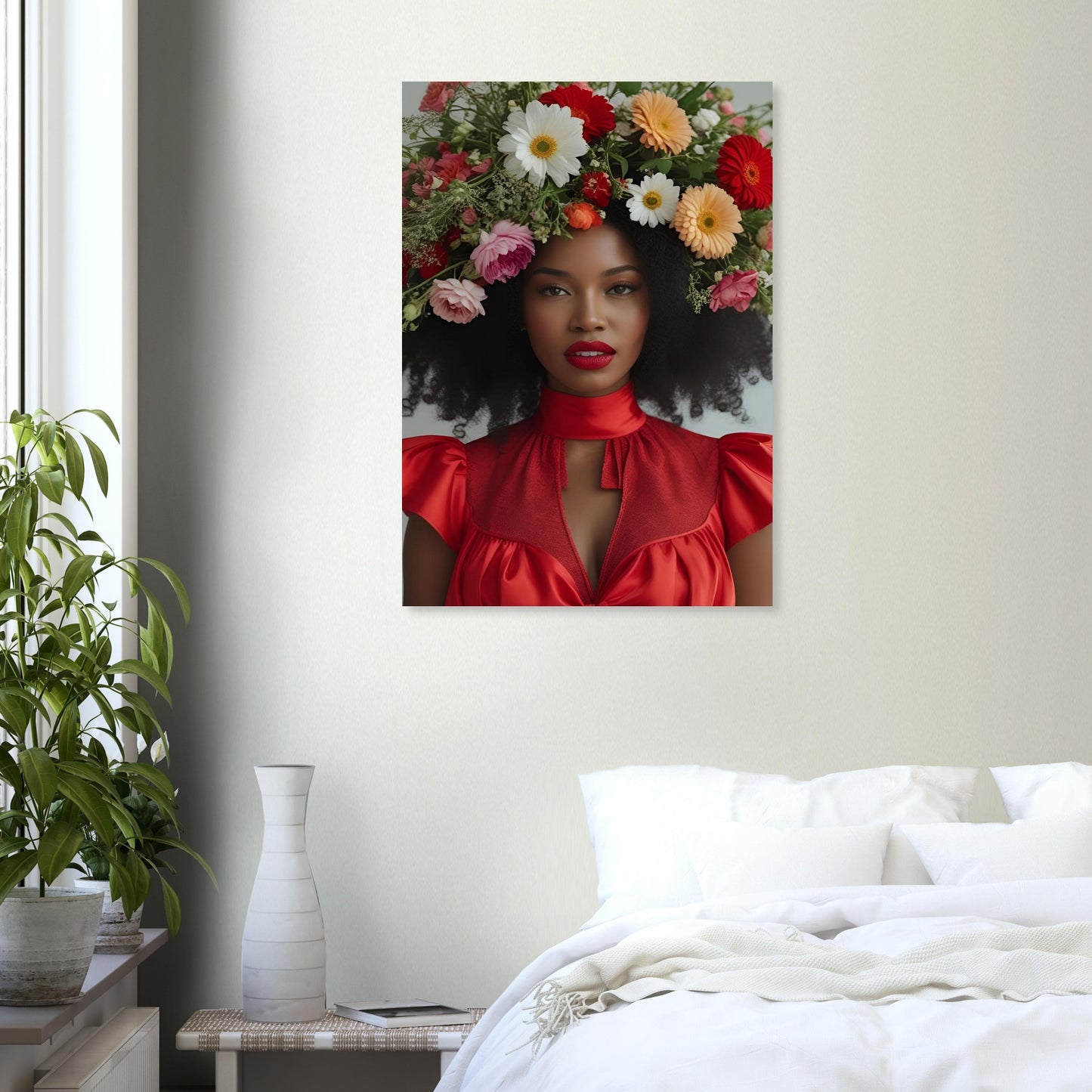 A framed wall art print depicting a woman with an elaborate flower crown and a bright red top, displayed above a bed in a modern bedroom setting.