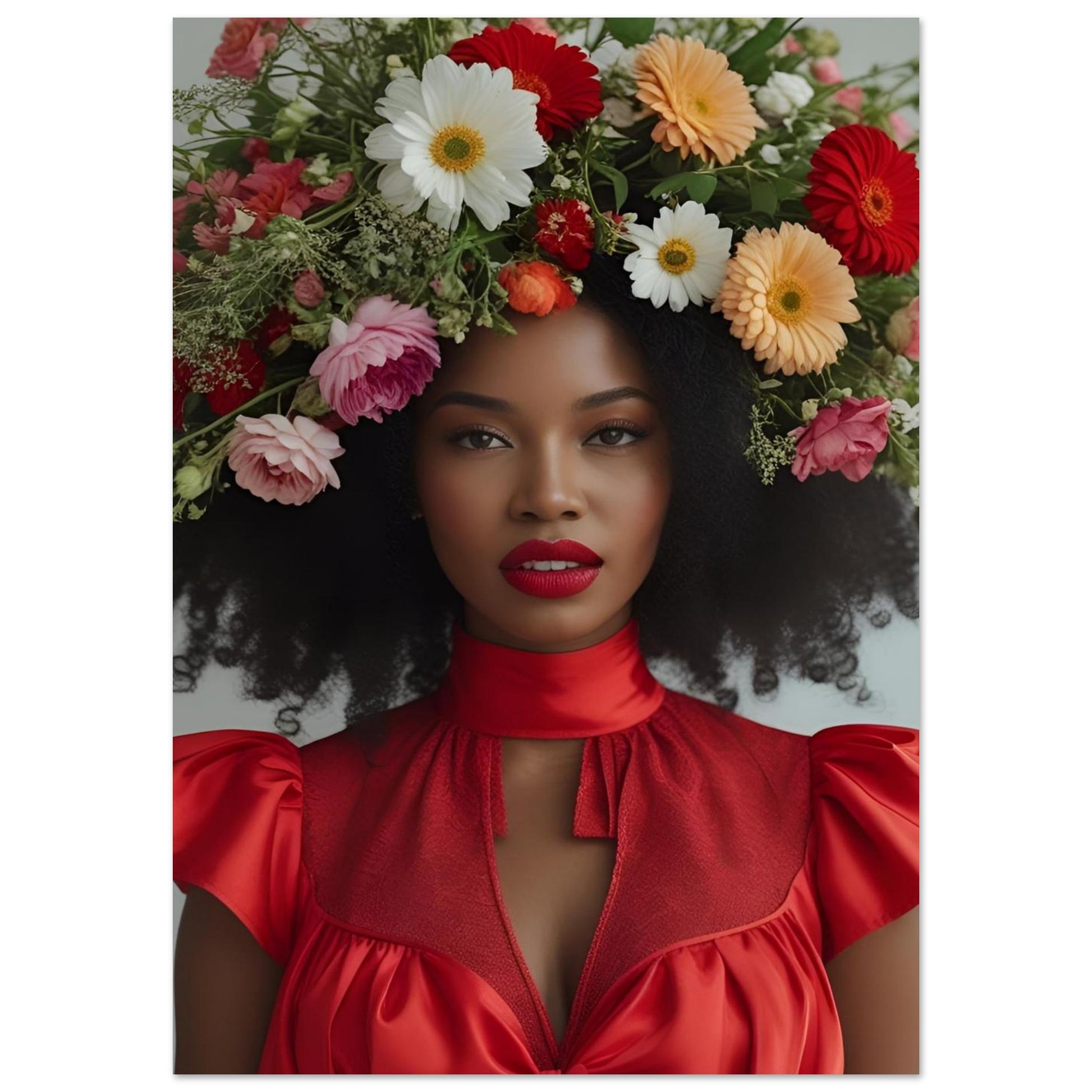 A portrait of a woman with dark curly hair wearing a large floral crown made of white, red, pink, and orange flowers, paired with a shiny red high-neck blouse against a light gray background.