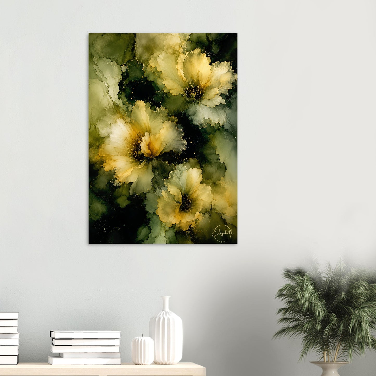 This is what happens when colour glows from the inside out. Midnight Light is a moody floral giclee print with luminous cream and pale yellow blooms emerging through deep olive, warm moss, and earthy green, the petals soft and radiant against the rich, layered depths beneath. It has the gentleness of candlelight and the kind of presence that makes a room feel instantly warmer the moment it goes on the wall.
