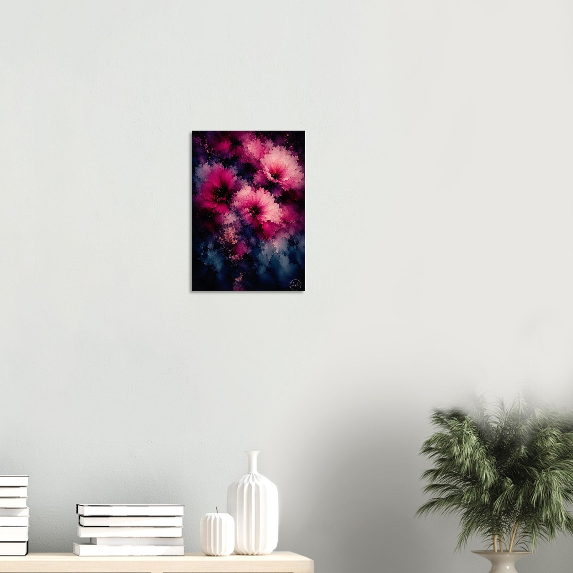 This is what happens when colour asks to be noticed. Love Me is a moody floral giclee print with lush mulberry and rose blooms pushing through midnight blue, deep indigo, and soft charcoal, the petals open and luminous against the dark, layered depths beneath. It has the boldness of a painting that knows exactly what it is and the warmth that makes a room feel like it was always meant to look this way.