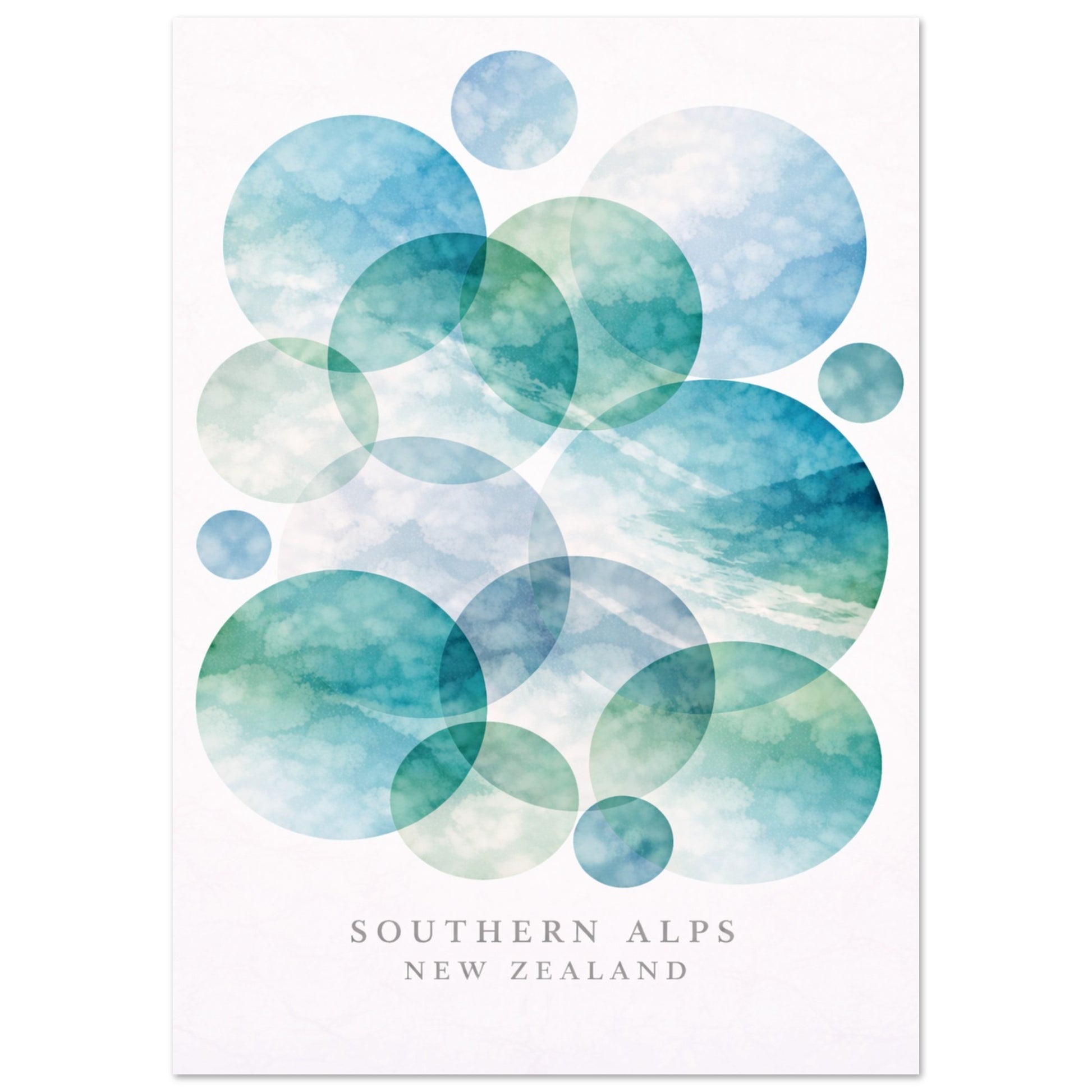 A vertical art print featuring overlapping watercolor circles in shades of blue, teal, and green on a white background, with the text 'SOUTHERN ALPS NEW ZEALAND' printed at the bottom.