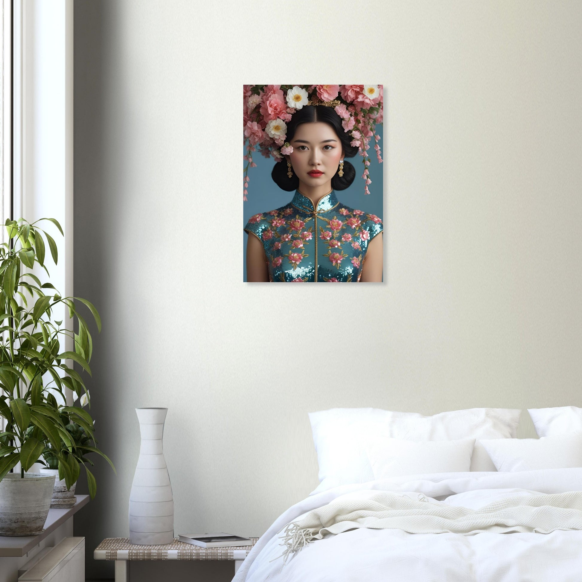 A vertical wall art print depicting a woman in a floral cheongsam with a flower crown, displayed on a light beige wall above a bed in a styled bedroom setting.