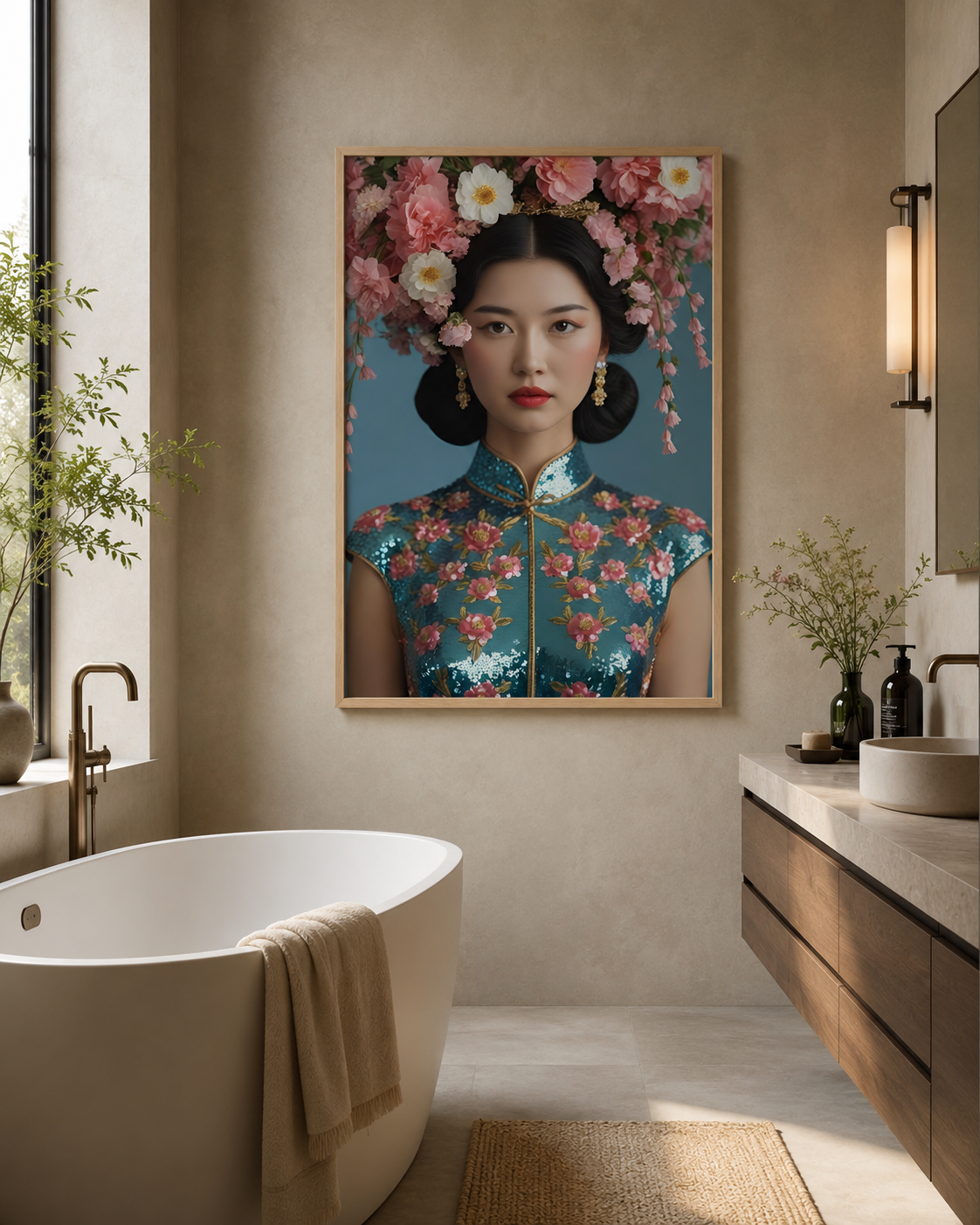 A framed art print depicting a woman in a floral headdress and a teal floral cheongsam, displayed on a beige wall in a modern bathroom setting with a bathtub and vanity.