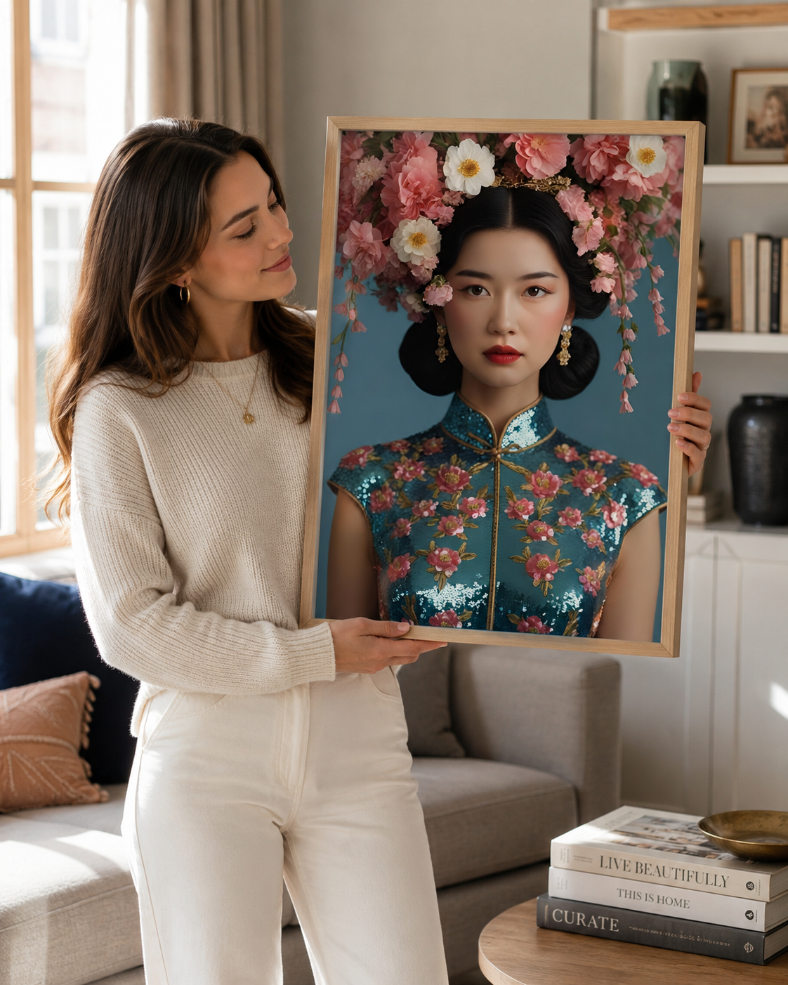 A woman in a cream ribbed sweater and white pants holds up a large framed portrait print of a woman in a floral headdress and a blue floral cheongsam. The setting is a bright, modern living room with a sofa and books on a table.