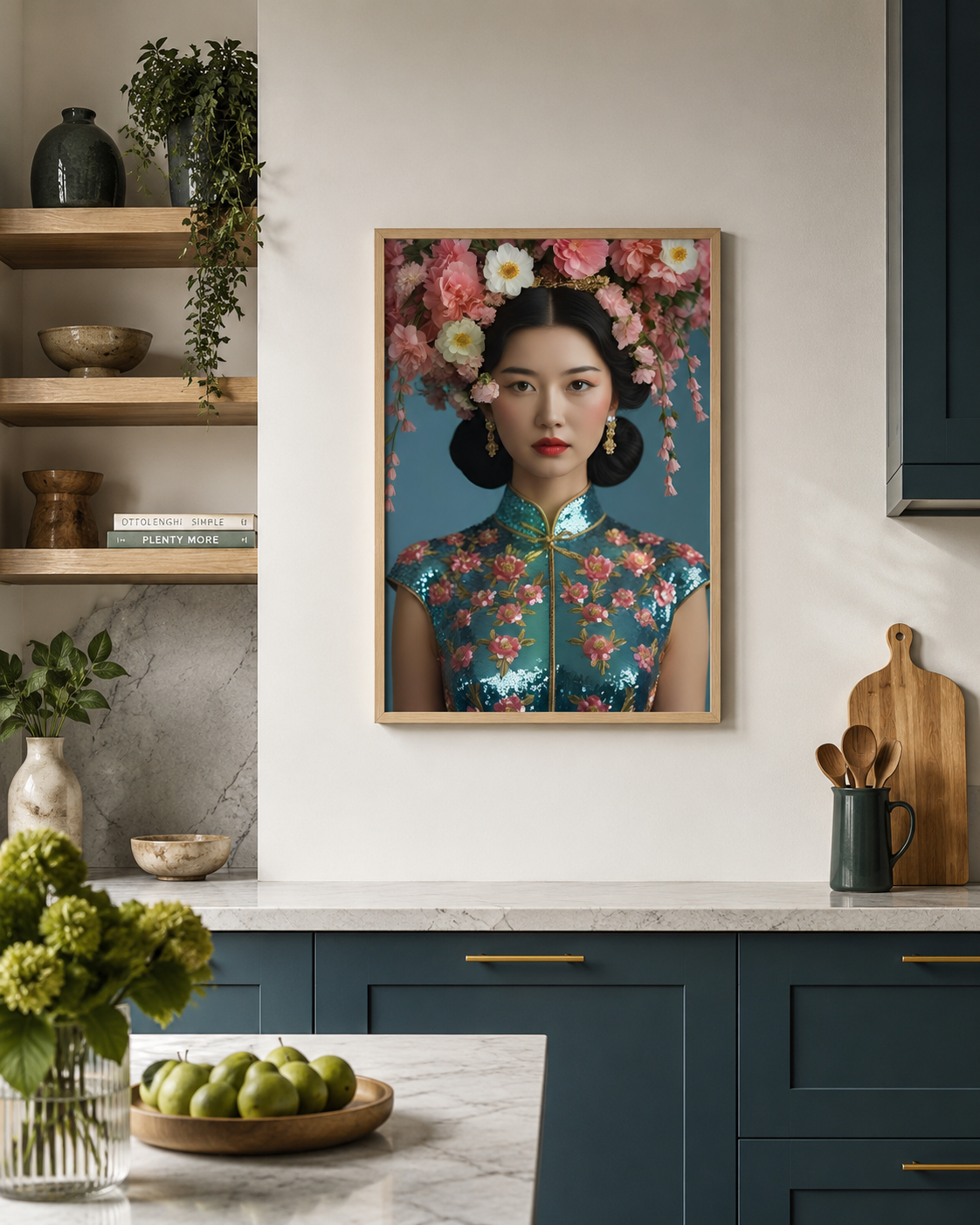 A framed art print depicting a woman in a floral cheongsam with a flower crown, hanging on a white wall in a modern kitchen setting.