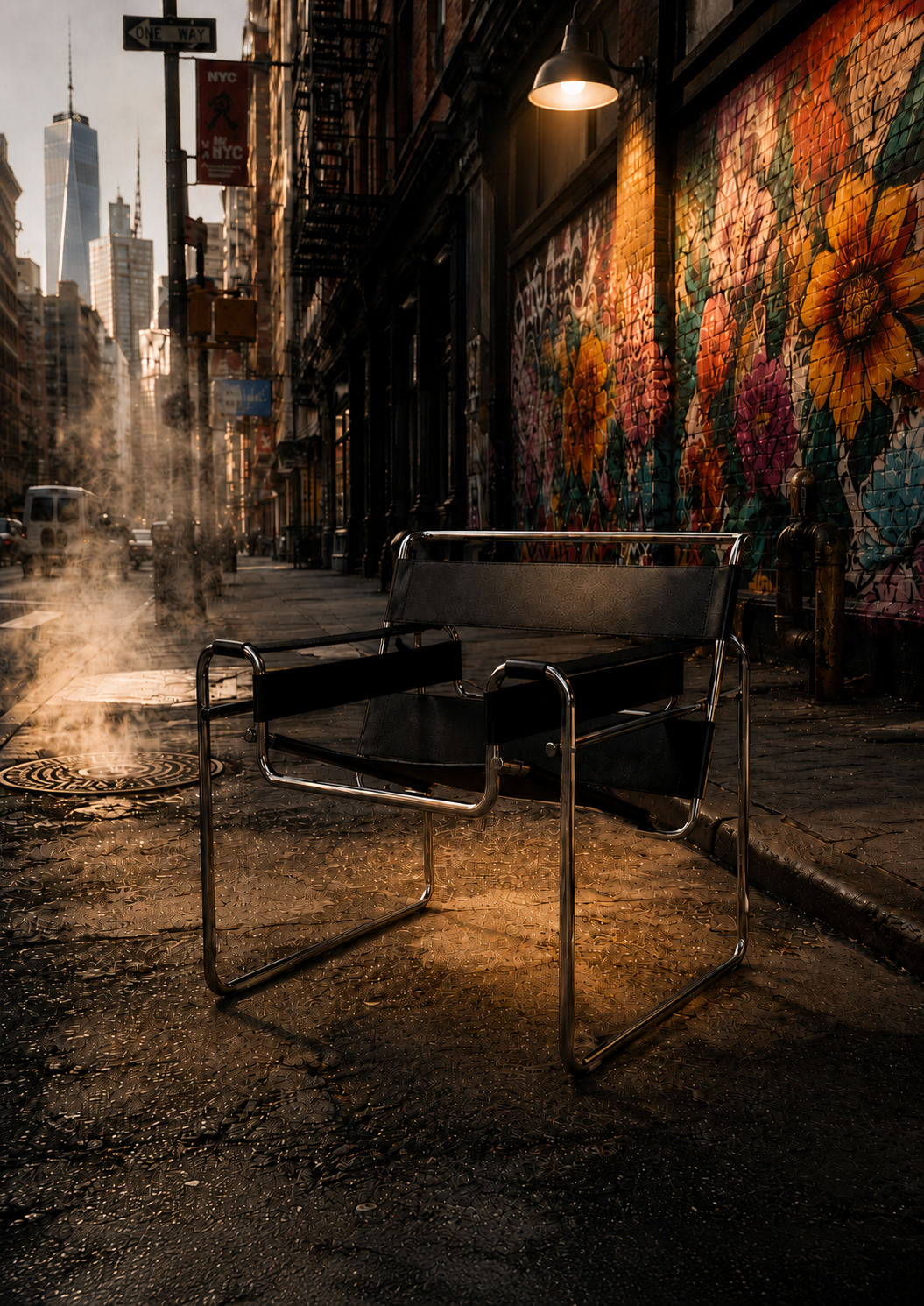 A modern black sling chair with a chrome metal frame sits on a city street corner at dusk, with a colorful floral mural on the wall behind it and steam rising from a puddle nearby.